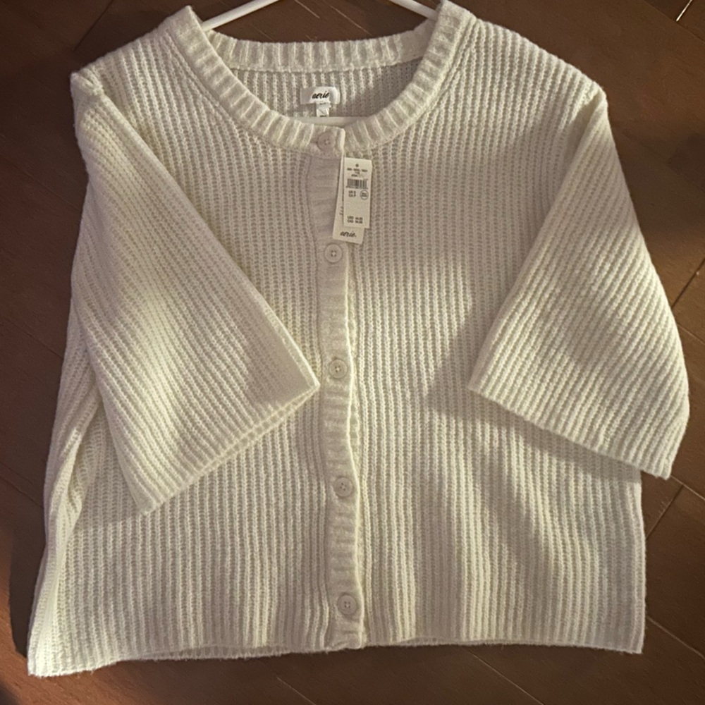 aerie Cream Short Sleeve Ribbed Button Cardigan - Picture 3 of 3